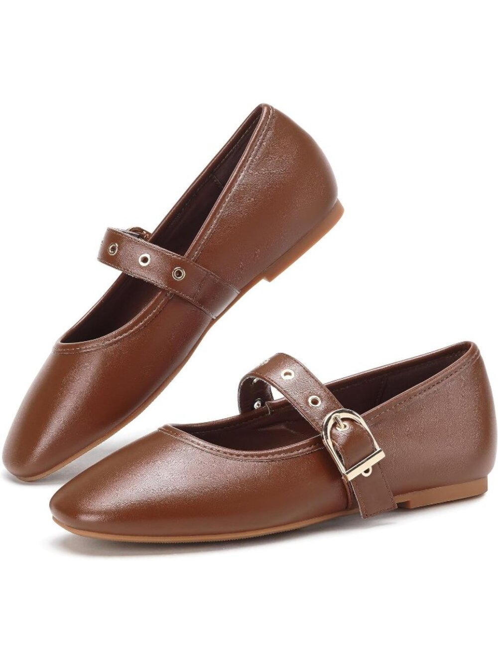 Women's Brown Round Toe Flats With Buckle Comfortable Adjustable Strap Shoes